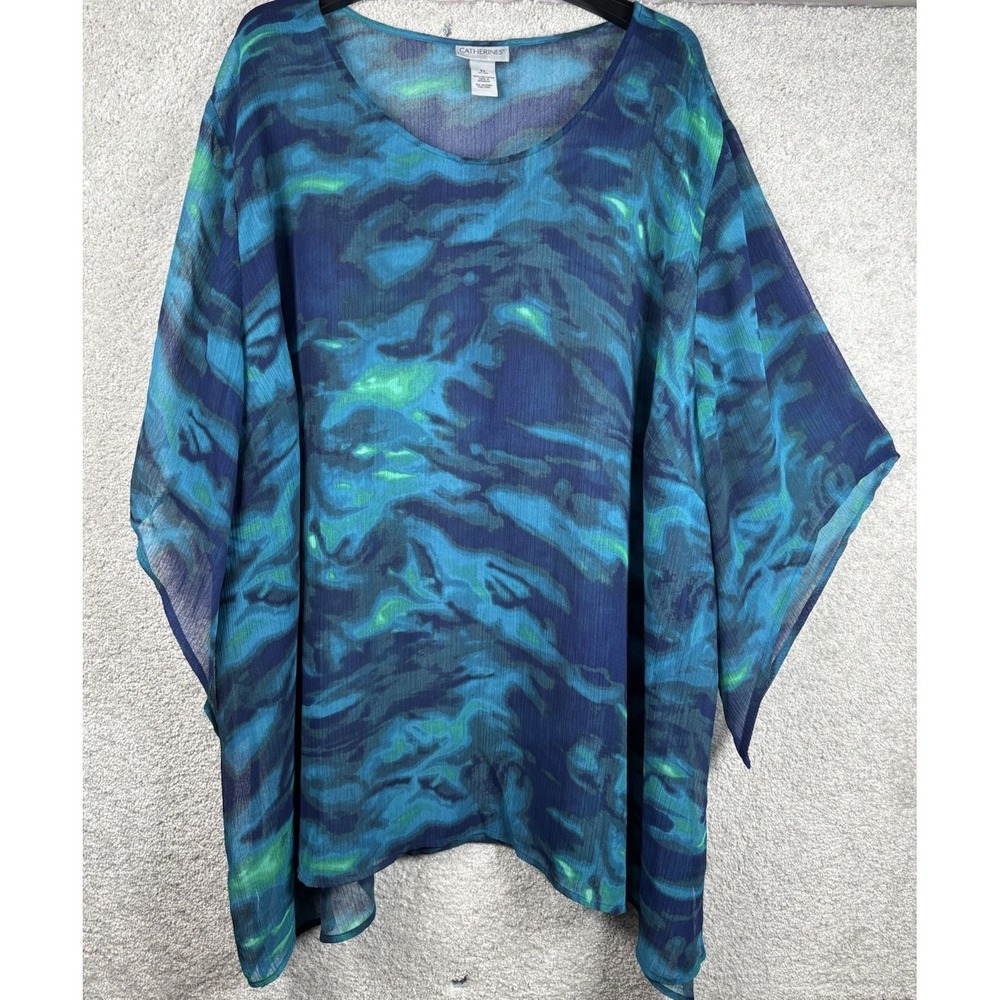 Catherines Womens Blue Scoop Neck Sheer Top Blouse Shirt Pullover 34 36W 5X Plus - Picture 2 of 5